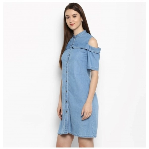 Generic Women's Denim Solid Cold Shoulder Above Knee Dress (Blue)