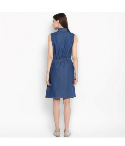 Women's Denim Solid Sleeveless Above Knee Dress (Blue)
