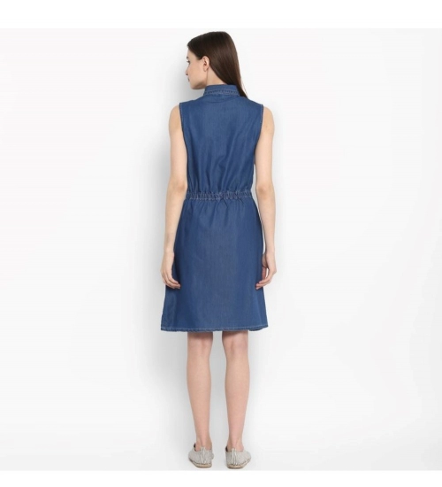 Women's Denim Solid Sleeveless Above Knee Dress (Blue)