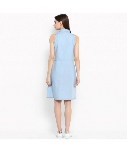 Women's Denim Solid Sleeveless Below Knee Dress (Blue)