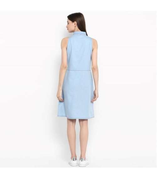 Women's Denim Solid Sleeveless Below Knee Dress (Blue)