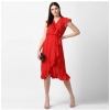 Dropship Women's Polyester Ruffled Cap Sleeve Knee-Length Dress (Red)