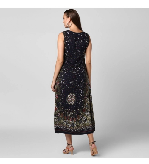 Women's Rayon Floral Sleeveless Calf-length Dress (Black)