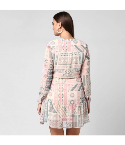 Women's Polyester Printed Long Sleeves Above Knee Dress (Light Pink - Off White)