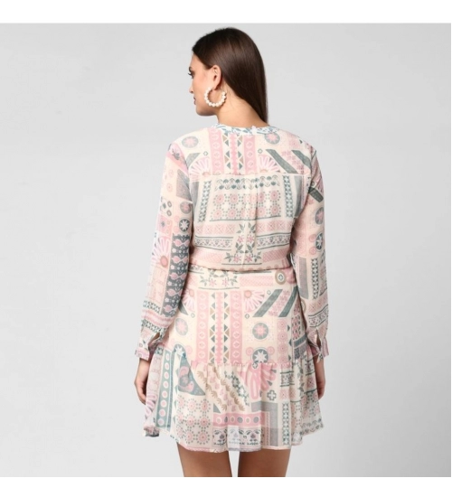 Women's Polyester Printed Long Sleeves Above Knee Dress (Light Pink - Off White)