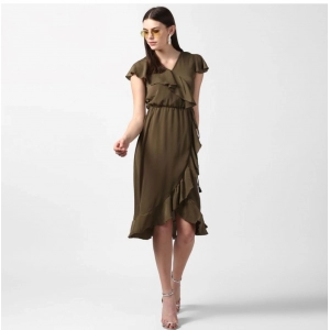 Generic Women's Polyester Ruffled Cap Sleeve Knee-Length Dress (Olive)