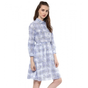 Generic Women's Cotton Checkered Roll Up Sleeve Above Knee Dress (Blue)