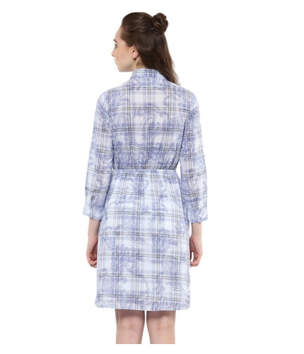 Women's Cotton Checkered Roll Up Sleeve Above Knee Dress (Blue)