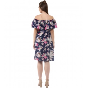 Generic Women's Polyester Crepe Floral Half Sleeve Above Knee Dress (Navy Blue)