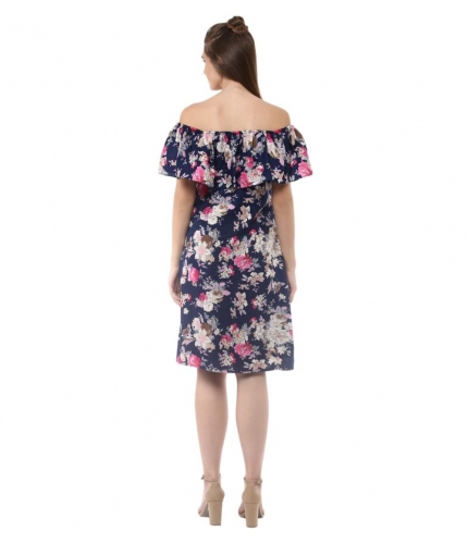 Women's Polyester Crepe Floral Half Sleeve Above Knee Dress (Navy Blue)