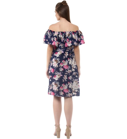 Women's Polyester Crepe Floral Half Sleeve Above Knee Dress (Navy Blue)