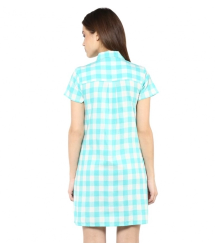 Women's Rayon Checkered Short Sleeve Above Knee Dress (SkuBlue - White)