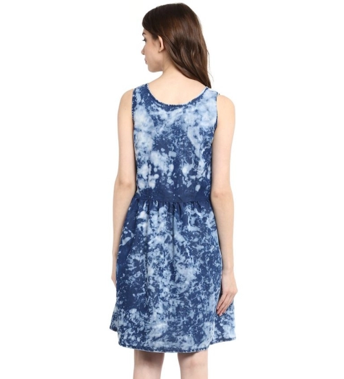 Women's Denim Tie & Dye Sleeveless Above Knee Dress (Blue)