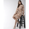 Dropship Women's Polyester Checkered Long Sleeves Above Knee Dress (Off White - Brown)