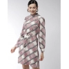 Dropship Women's Polyester Checkered Long Sleeves Above Knee Dress (Off White - Lavender)