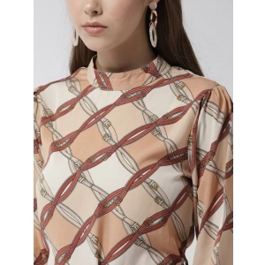 Generic Women's Polyester Checkered Long Sleeves Above Knee Dress (Off White - Brown)