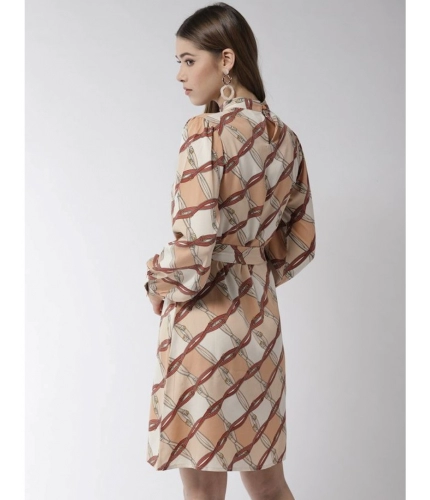 Women's Polyester Checkered Long Sleeves Above Knee Dress (Off White - Brown)