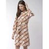 Dropship Women's Polyester Checkered Long Sleeves Above Knee Dress (Off White - Brown)