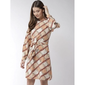 Generic Women's Polyester Checkered Long Sleeves Above Knee Dress (Off White - Brown)