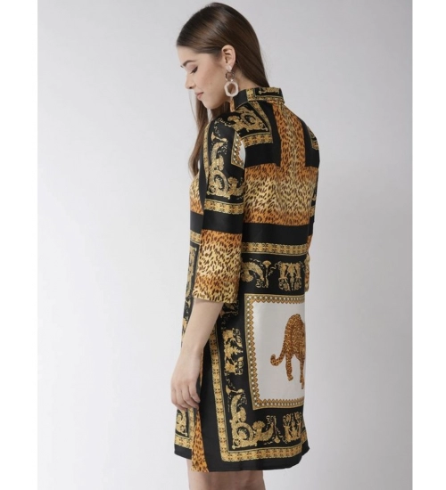 Women's Satin Animal Print 3-4th Sleeves Above Knee Dress (White - Orange)