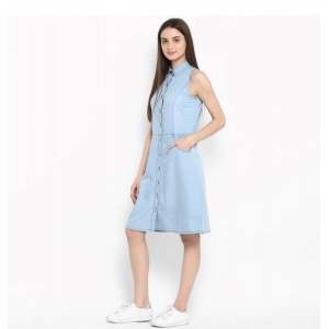 Generic Women's Denim Solid Sleeveless Below Knee Dress (Blue)