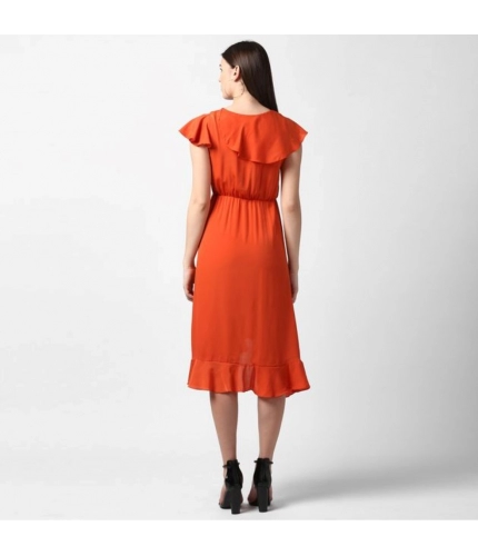 Women's Polyester Ruffled Cap Sleeve Knee-Length Dress (Orange)
