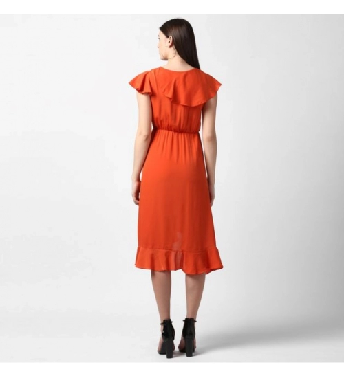 Women's Polyester Ruffled Cap Sleeve Knee-Length Dress (Orange)