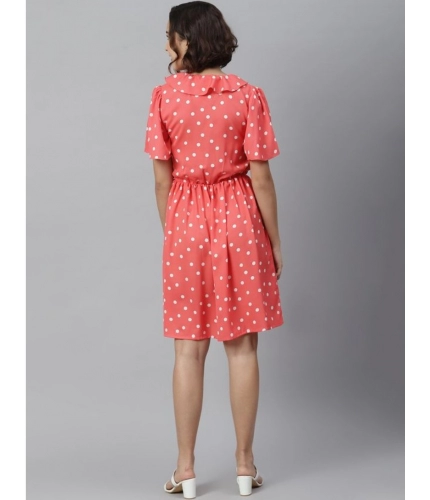 Women's Polyester Polka Flutter Above Knee Dress (Coral)