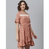 Dropship Women's Polyester Polka Bell Sleeve Above Knee Dress (Brown)