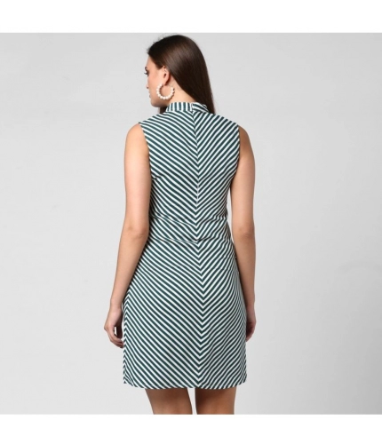 Women's Polyester Striped Sleeveless Above Knee Dress (Green)