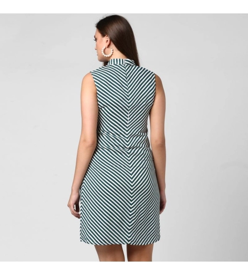 Women's Polyester Striped Sleeveless Above Knee Dress (Green)