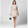 Dropship Women's Polyester Printed Long Sleeves Above Knee Dress (Light Pink - Off White)