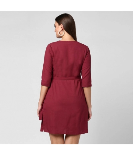 Women's Cotton Solid 3-4th Sleeves Above Knee Dress (Maroon)