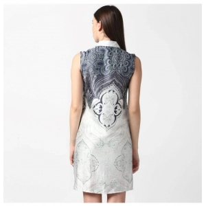 Generic Women's Polyester Printed Sleeveless Above Knee Dress (Blue)