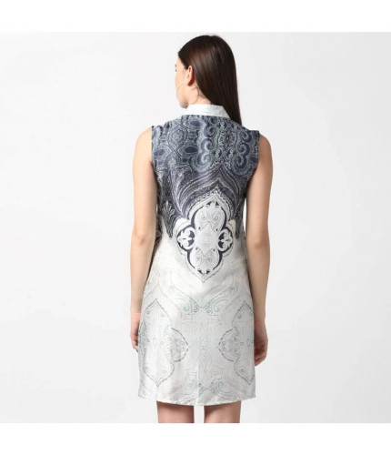 Women's Polyester Printed Sleeveless Above Knee Dress (Blue)