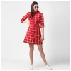 Dropship Women's Polyester Checkered Long Sleeves Above Knee Dress (Red)