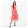 Dropship Women's Polyester Ruffled Cap Sleeve Below Knee Dress (Coral Pink)