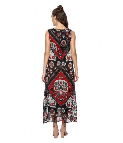Women's Polyester Printed Sleeveless Dress (Red - Black)