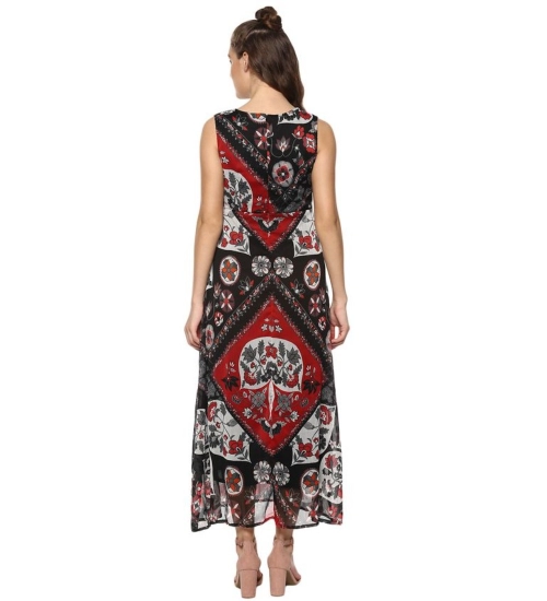 Women's Polyester Printed Sleeveless Dress (Red - Black)