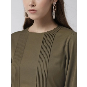 Generic Women's Polyester Pintuck Long Sleeves Below Knee Dress (Olive)