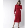Dropship Women's Polyester Pintuck Long Sleeves Below Knee Dress (Red)