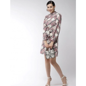 Generic Women's Polyester Checkered Long Sleeves Above Knee Dress (Off White - Lavender)