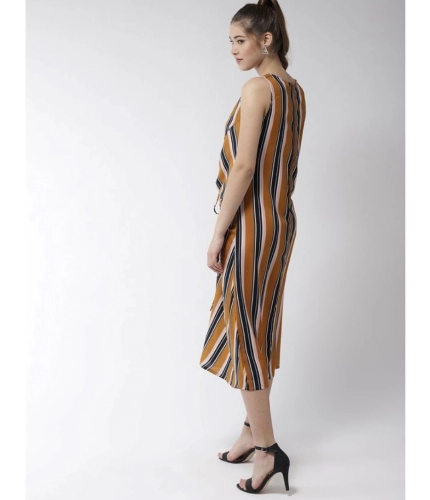 Women's Polyester Striped Sleeveless Below Knee Dress (Mustard)