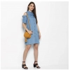 Dropship Women's Denim Solid Cold Shoulder Above Knee Dress (Blue)