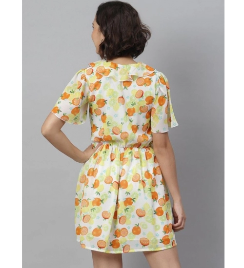 Women's Polyester Printed Flutter Above Knee Dress (Yellow - Orange)