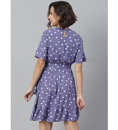 Women's Polyester Polka Bell Sleeve Above Knee Dress (Lavender)