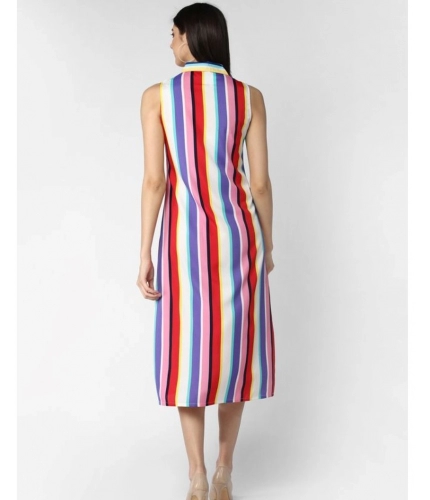 Women's Polyester Striped Sleeveless Calf-length Dress (Multicolor)