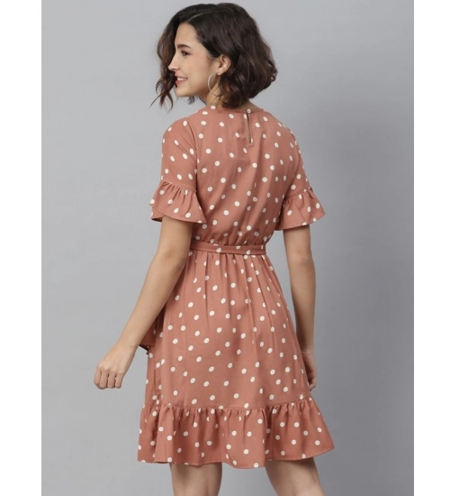 Women's Polyester Polka Bell Sleeve Above Knee Dress (Brown)