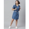Dropship Women's Denim Solid Flutter Above Knee Dress (Blue)