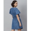 Dropship Women's Denim Solid Flutter Above Knee Dress (Blue)